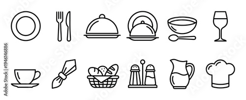 Restaurant and dining icon set with black outlines showing a plate, cutlery, cloche, soup bowl, wine glass, bread basket, and chef hat in a simple, clean line art vector illustration