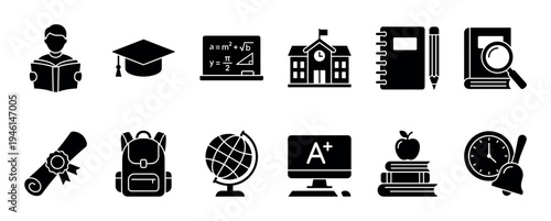 Black silhouette school and education icons set featuring a student, graduation cap, diploma, globe, backpack, and school building for academic and learning concepts