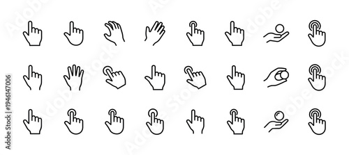 Hand gesture icons in a minimalist line art style showing various touch screen actions like clicking, pointing, tapping, and holding for user interface design and web development