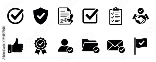 Collection of black approval icons representing concepts of quality, verification, and success, including checkmarks, shields, documents, and a handshake for user interface design