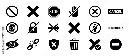 Collection of black prohibition icons and symbols representing stop, cancel, and forbidden actions, including a cross mark, warning sign, and rejection pictograms for interface design