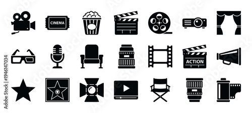 Large set of black cinema icons for filmmaking and movie production, featuring symbols like a camera, clapperboard, popcorn, and film reel in a simple flat glyph style