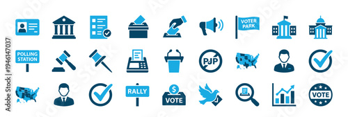 Large set of blue election icons representing voting, politics, and government processes like casting ballots, rallies, and campaigns, presented in a clean flat vector style