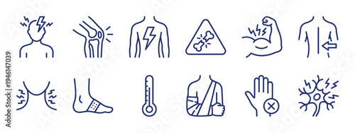 Set of blue line icons representing various medical symptoms and physical injuries like headache, joint pain, broken bones, and fever, designed in a simple, minimalist pictogram style