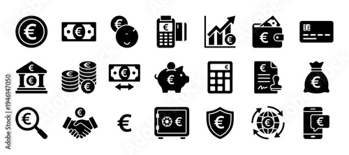 Black euro currency finance and banking icons set featuring various symbols for money, payment, investment, and economy in a simple glyph style for business concepts
