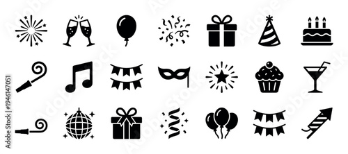 Collection of black celebration glyph icons for festive events, including a birthday cake, gift box, balloons, confetti, fireworks, party hat, and a disco ball