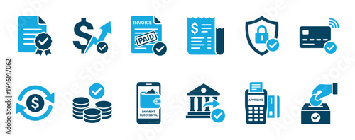 Blue and black financial vector icon set representing payment, banking, and money transactions, including paid invoice, credit card, and secure transfer symbols for business