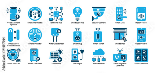 Comprehensive collection of smart home technology icons displayed in a neat grid, featuring various modern devices and systems in a clean, flat blue design