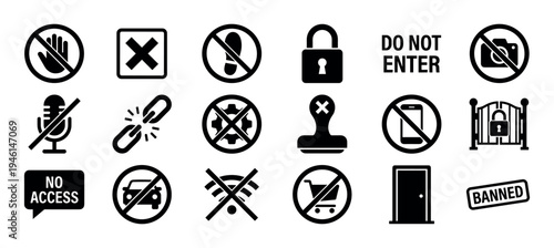 Large set of black prohibition icons representing various restrictions and warnings, including symbols for no entry, no photography, banned, and a locked padlock for security