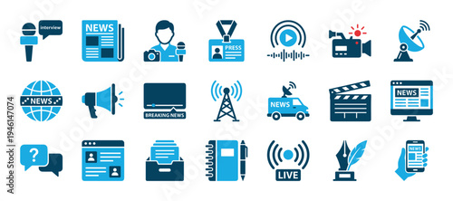 Set of blue and black news media icons representing journalism, broadcasting, and reporting with symbols like a microphone, camera, newspaper, and press pass