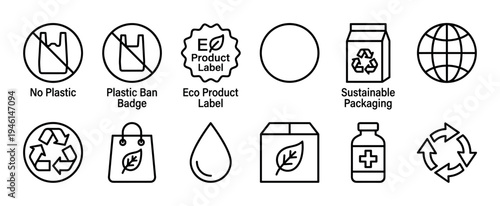 Set of black line icons representing eco-friendly concepts like sustainable packaging, recycling, and plastic ban awareness, designed in a simple, minimalist vector graphic style