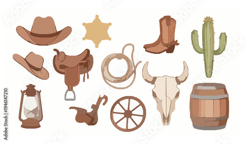 Wild west watercolor cowboy cartoon element set with hat boots saddle cactus and sheriff badge