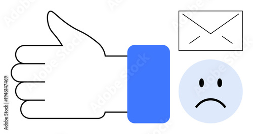Communication concept. Communication through a thumbs up, email icon, and sad face. Communication in technology, user feedback, and emotions. For social media, apps and messaging