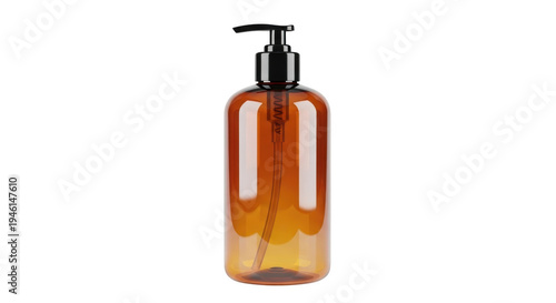 Amber pump bottle mockup with dispenser with liquid soap transparent background