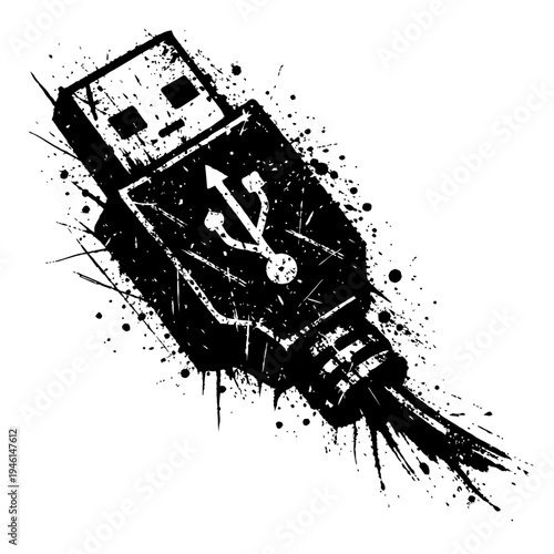 Grunge-style illustration of a USB flash drive with abstract paint splatters on a white background for tech and design concepts