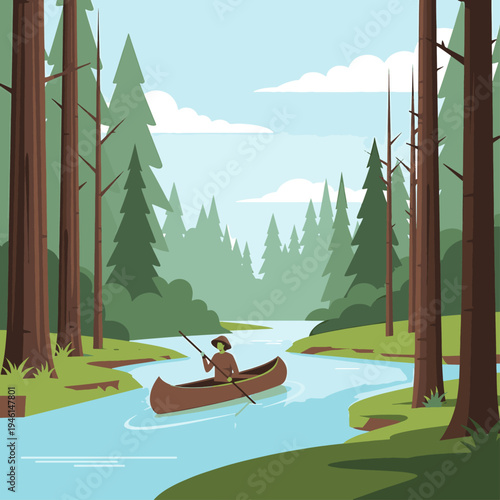 Canoeing Adventure: A solo canoeist navigates a tranquil river, surrounded by a towering forest of evergreen trees, under a bright, sunny sky.