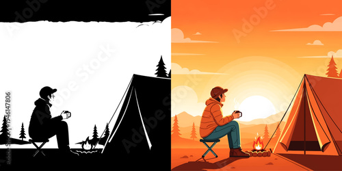Campfire contemplation: A silhouette of a solitary figure finds serenity beside a campfire, bathed in the warmth of a setting sun while drinking a mug in front of a tent.