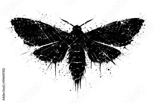 A black butterfly with paint splatters on white background, grunge style illustration, abstract insect artwork