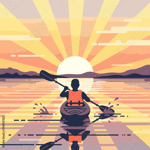 Kayaking into the Sunset: A silhouette of a kayaker navigating serene waters as the sun dips below the horizon, creating a breathtaking vista of vibrant colors and tranquil reflections.
