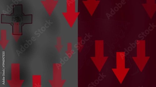 Falling Red Arrows Reflect Market Decline and Financial Crisis, a metaphoric abstract graphic that shows a downward trend, recession, or crisis.