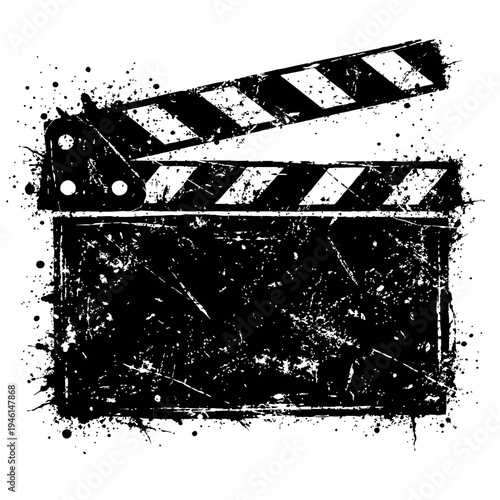 Grunge film clapperboard with paint splatters on white background for movie and cinema concepts