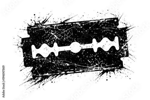 Grunge style razor blade with paint splashes on white background, abstract black and white illustration of sharp shaving tool