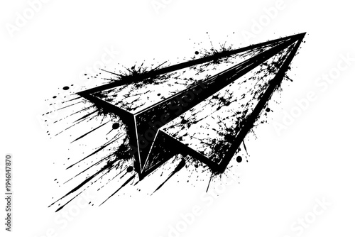 Black and white illustration of a speeding paper airplane with dynamic ink splatters and motion lines on a clean background