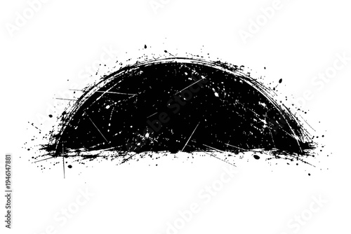 Black grunge semicircle with white background and paint splatters for creative design projects and artistic backgrounds