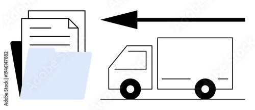 Document transfer. Visual file transfer and logistics using a folder, documents, moving truck, and directional arrow. Document transfer for data management, logistics, shipping, digital storage