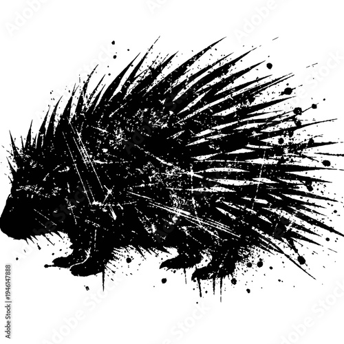 A black and white illustration of a porcupine with a grunge effect, showcasing its quills and profile view, isolated on a clean background for design use.