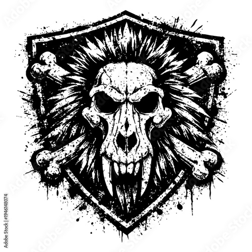 Grunge skull shield emblem with bones, abstract black and white illustration for t-shirt design or tattoo art