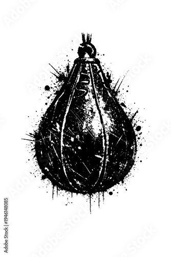 A black and white illustration of a punching bag with a grunge effect, hanging from a rope on a white background.