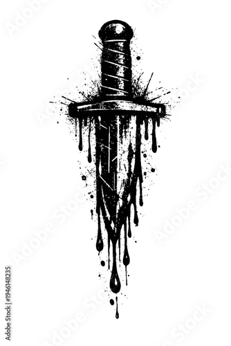 Dripping dagger with blood splatter on white background