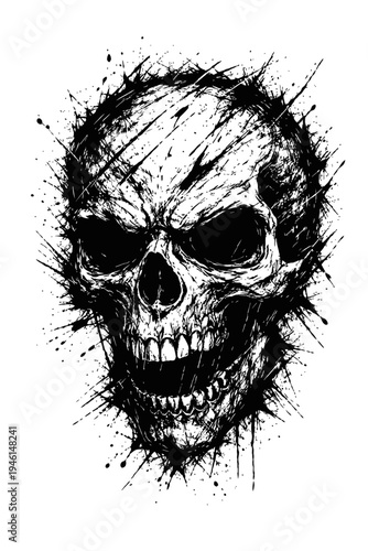A black and white illustration of a skull with a menacing grin, surrounded by splatters and scratches on a white background.