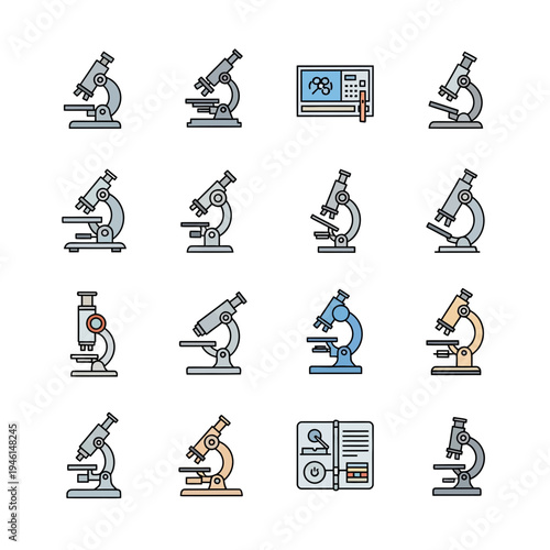 Set of flat line icons representing various microscopes and laboratory research equipment for scientific and medical biology studies.