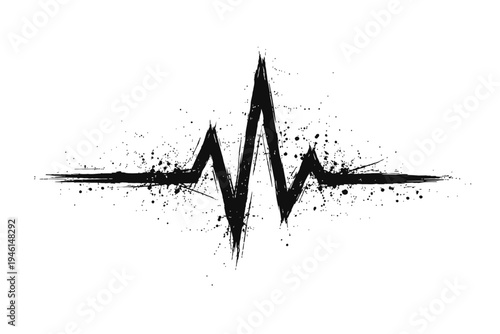 Black and white abstract heartbeat line art with splatters and brush strokes on clean background for medical and design concepts