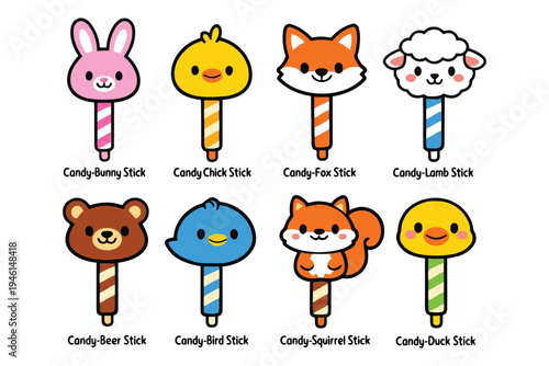 A collection of eight cute animal themed candy lollipop sticks with colorful striped patterns