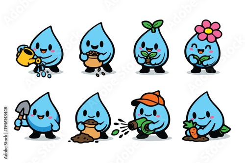 A collection of cute blue water drop characters engaged in various gardening and planting activities