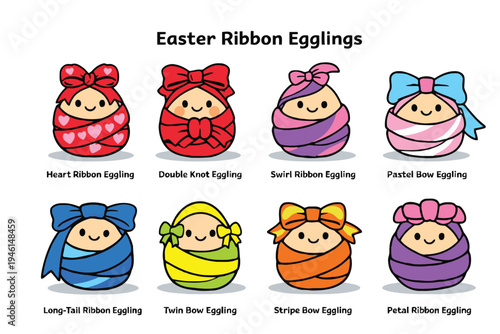A collection of eight cute illustrated egg characters each decorated with various colorful ribbons