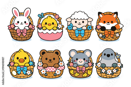 A collection of cute cartoon animals sitting in decorated wicker baskets for the spring season