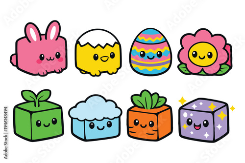 A collection of cute kawaii style character illustrations featuring various colorful shapes