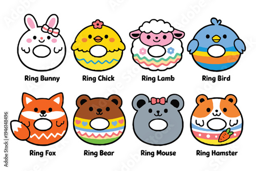 A collection of eight cute animal characters designed as colorful ring-shaped donut illustrations