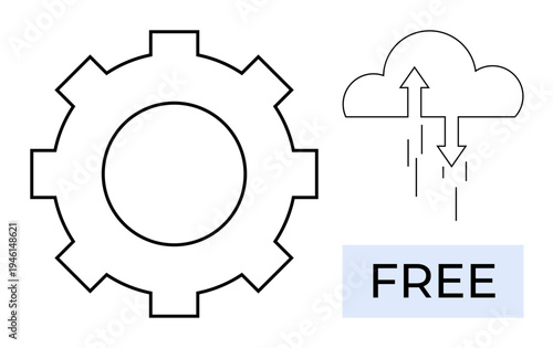 Cloud computing concept. Cloud computing symbol accompanied by a gear icon and free tag. Cloud computing technology for data synchronization, storage solutions, and app integration. For IT, web