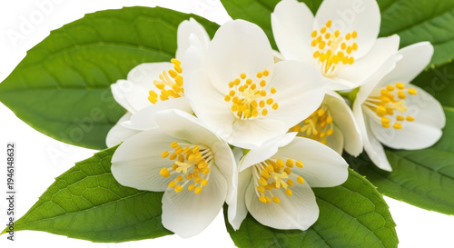 Cluster of white jasmine flowers with green leave transparent background