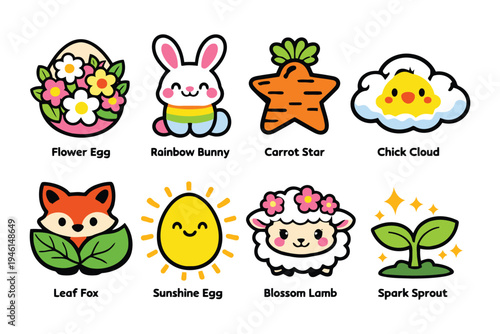 A collection of eight cute spring themed vector stickers featuring animals and nature elements