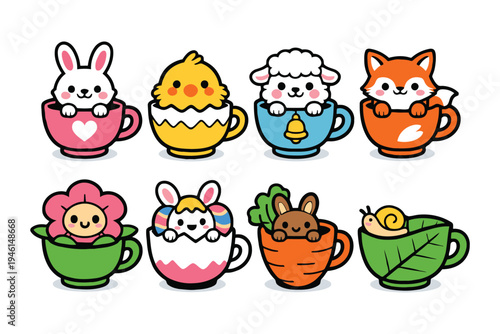 A collection of cute cartoon animals and nature elements sitting inside colorful ceramic teacups
