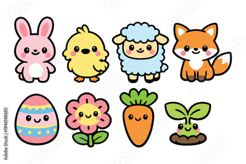 A collection of cute spring themed vector icons featuring animals and plants in a kawaii style