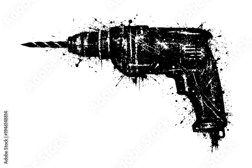 Black and white illustration of a drill with paint splatters on a white background, a power tool for DIY and construction projects.