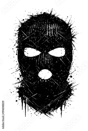 Black ski mask with white eyes and mouth on white background with paint splatters and scratches