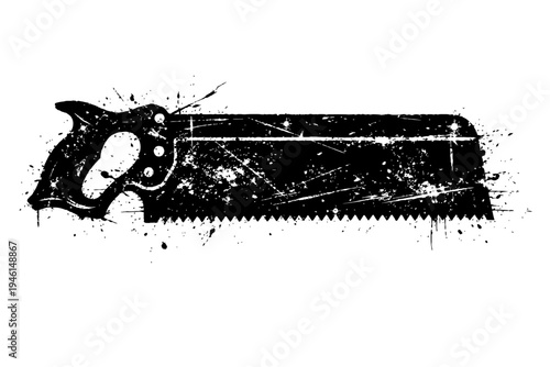 A grungy illustration of a handsaw with a distressed texture and paint splatters on a white background for design and decoration